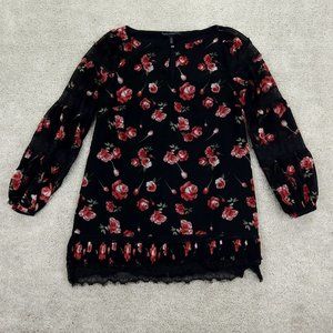 White House Black Market Shift Dress Womens 10 Black Floral Chiffon Lace Accent